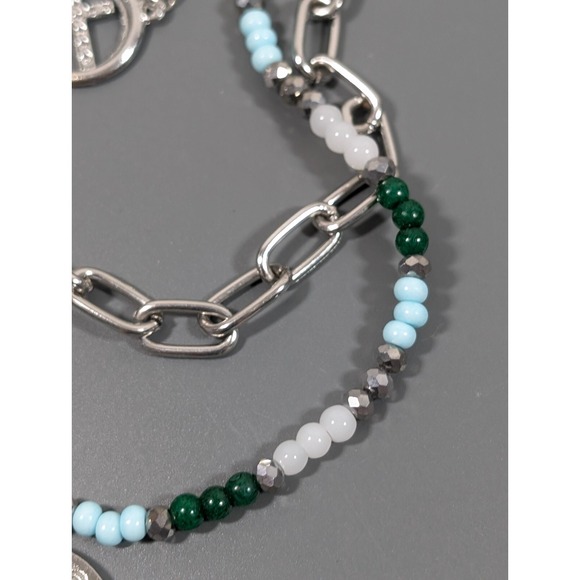 Bohemian Style Green Blue Beaded Silver Tone Layered Chain Statement Necklace - Picture 4 of 9